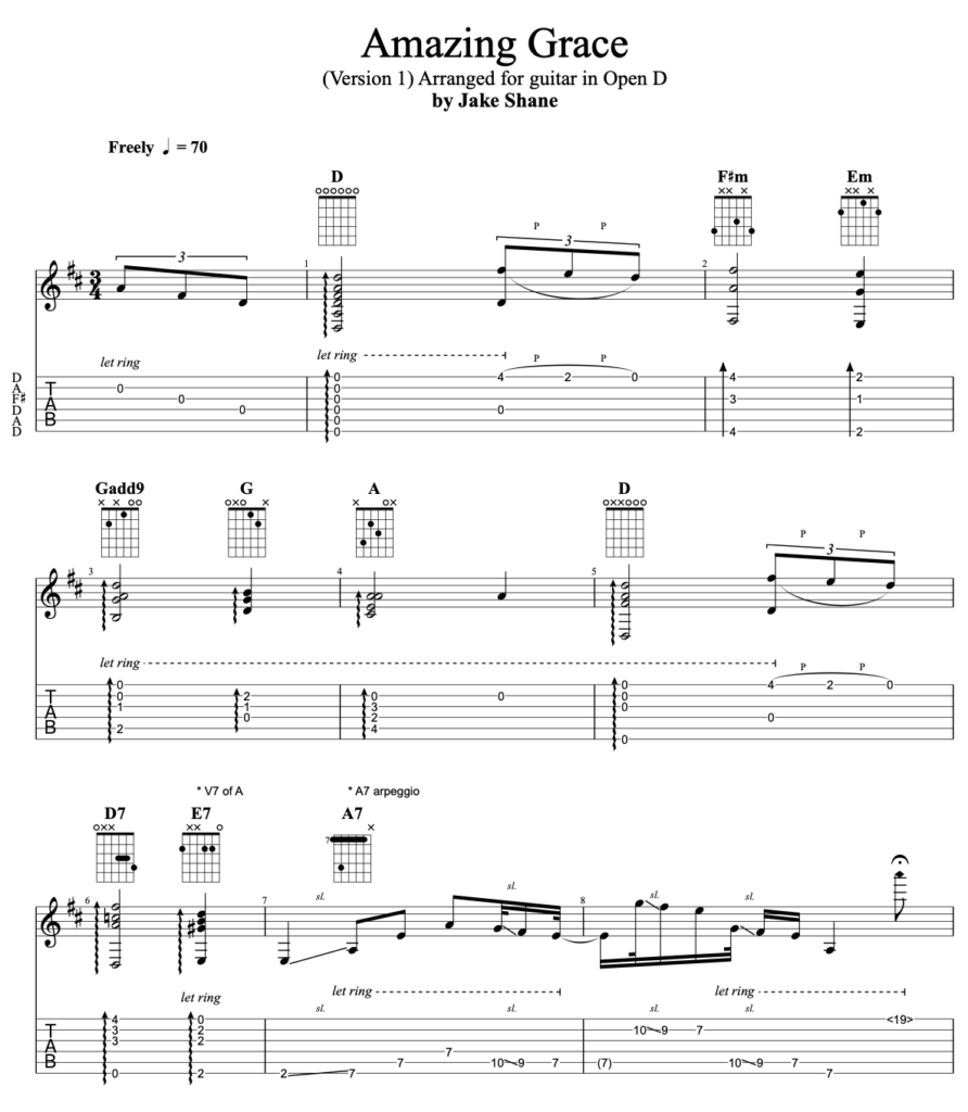Amazing Grace sheet music and tablature in Open D Tuning for Guitar